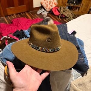 Stylish Tan Felt Hat with Beaded Band